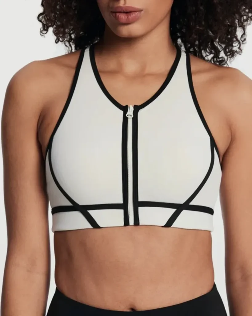 Zip Color Block Nude Sports Bra - White