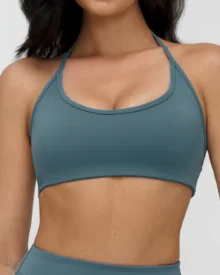 Halter Brushed Hollow Out Sports Bra - Muted Teal Gray