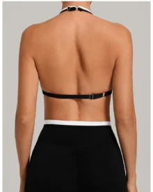 Color Block Fake Two Piece Halter Sports Bra - Black