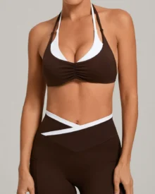 Color Block Fake Two Piece Halter Sports Bra - Coffee