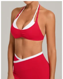 Color Block Fake Two Piece Halter Sports Bra - Red
