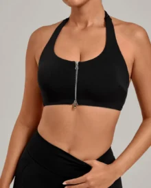 Zipper Twist Halter Yoga Bra - Black