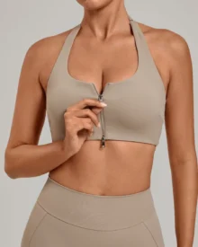 Zipper Twist Halter Yoga Bra - Taupe Clay