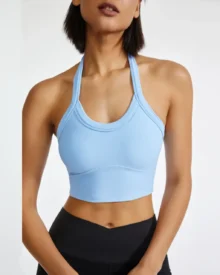 Ribbed Halter Shock Absorbing Yoga Bra - Baby Blue