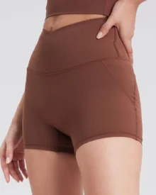 One Piece Seamless Sculpt Hip Lifting Yoga Shorts With Pocket - Brown
