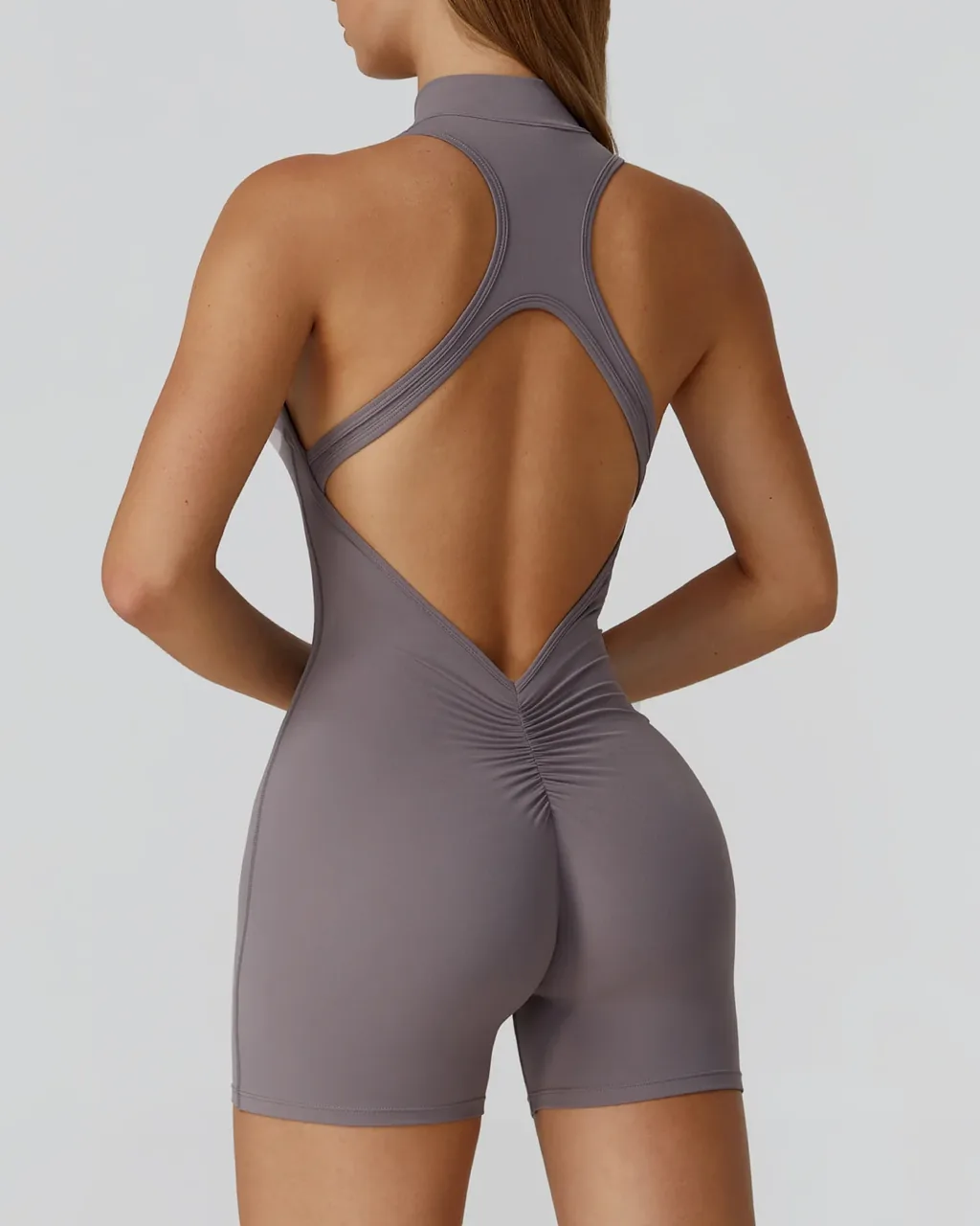 Zipper Beauty Back High Intensity Nude Yoga Jumpsuit - grey