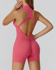 Zipper Beauty Back High Intensity Nude Yoga Jumpsuit - Rose