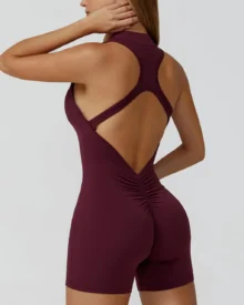Zipper Beauty Back High Intensity Nude Yoga Jumpsuit - Wine