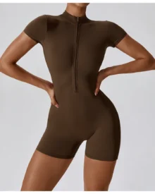 Zipper Short Sleeve Tight Yoga Jumpsuit - Dark Brown
