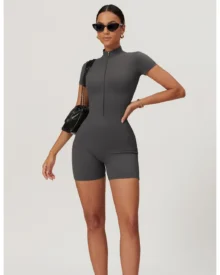 Zipper Short Sleeve Tight Yoga Jumpsuit - dark grey