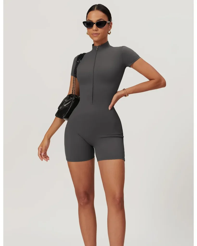 Zipper Short Sleeve Tight Yoga Jumpsuit - dark grey