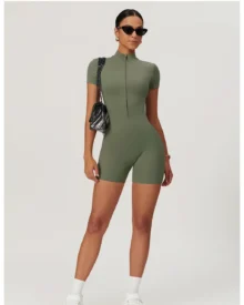 Zipper Short Sleeve Tight Yoga Jumpsuit - green