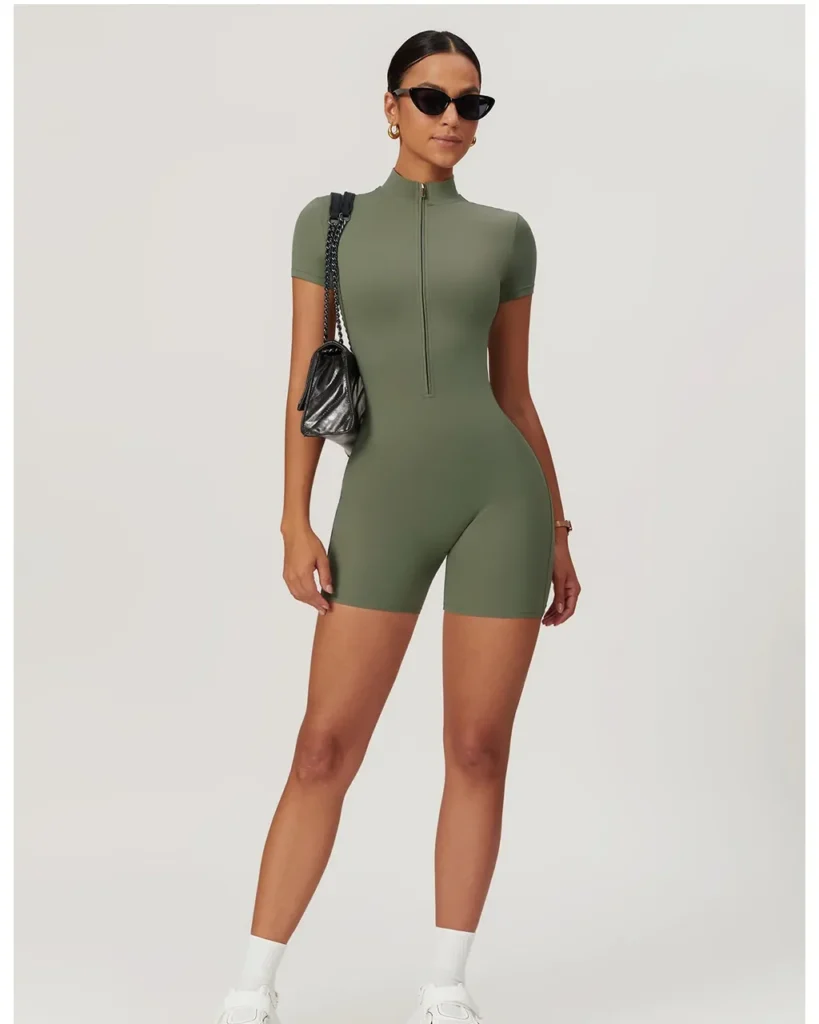 Zipper Short Sleeve Tight Yoga Jumpsuit - green