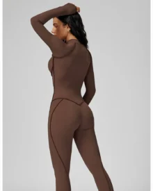 Color Block Stand Collar Half Zip Yoga Jumpsuit - Brown
