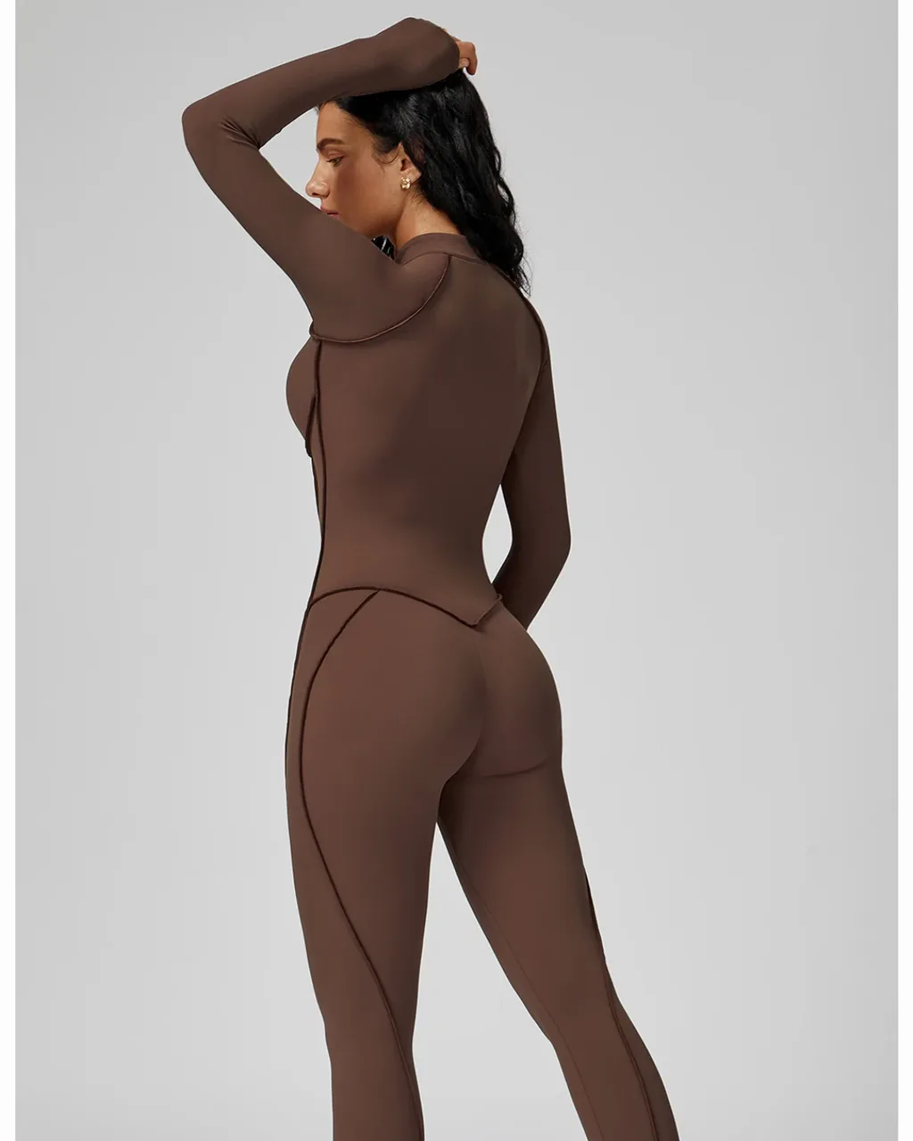 Jumpsuit Yoga Con Cuello Alto Y Cremallera Parcial - marrón