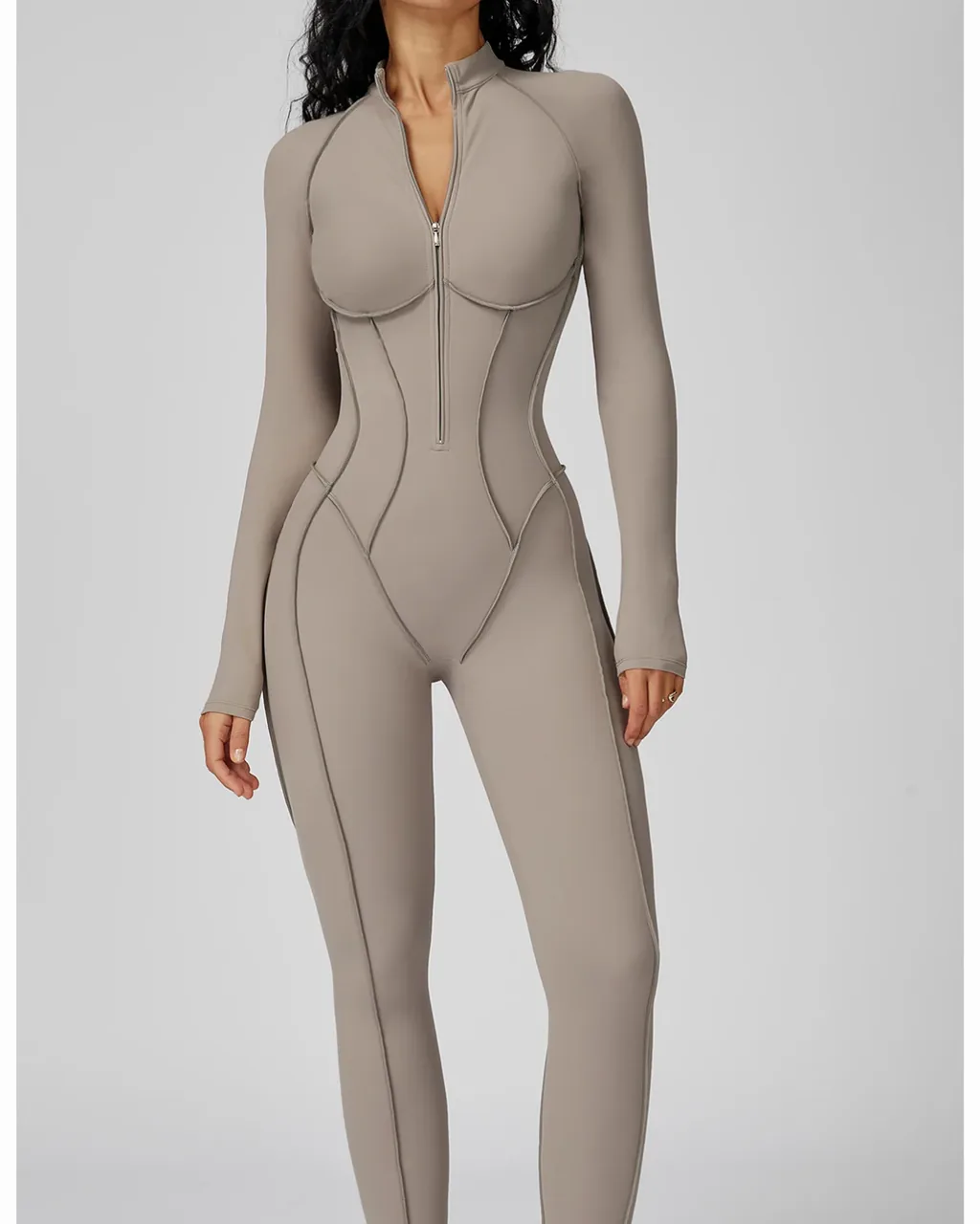 Jumpsuit Yoga Con Cuello Alto Y Cremallera Parcial - gris