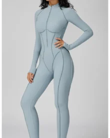 Color Block Stand Collar Half Zip Yoga Jumpsuit - Light blue