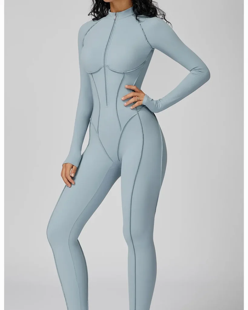 Color Block Stand Collar Half Zip Yoga Jumpsuit - Light blue