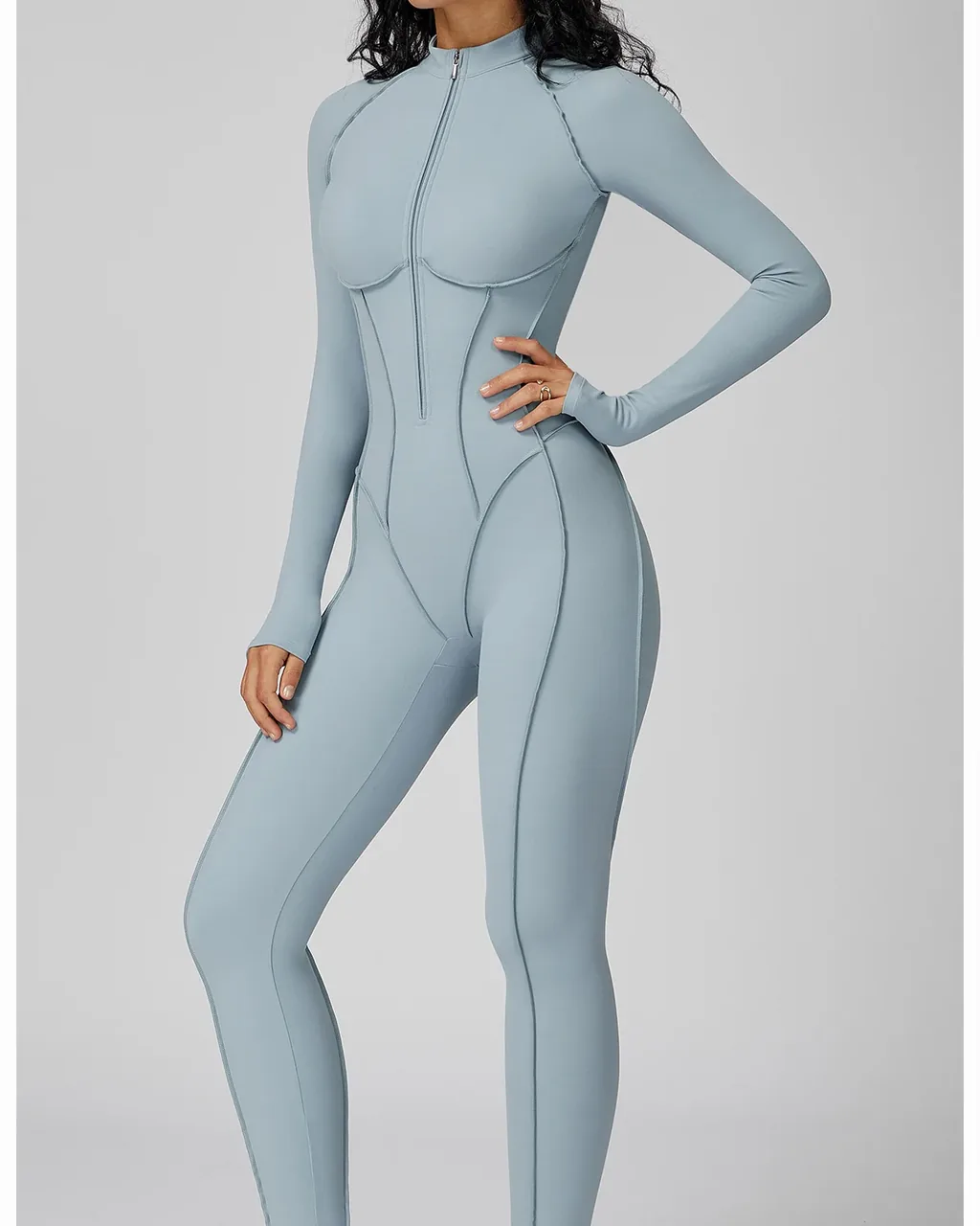 Jumpsuit Yoga Con Cuello Alto Y Cremallera Parcial - azul claro