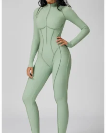 Color Block Stand Collar Half Zip Yoga Jumpsuit - Mint Green