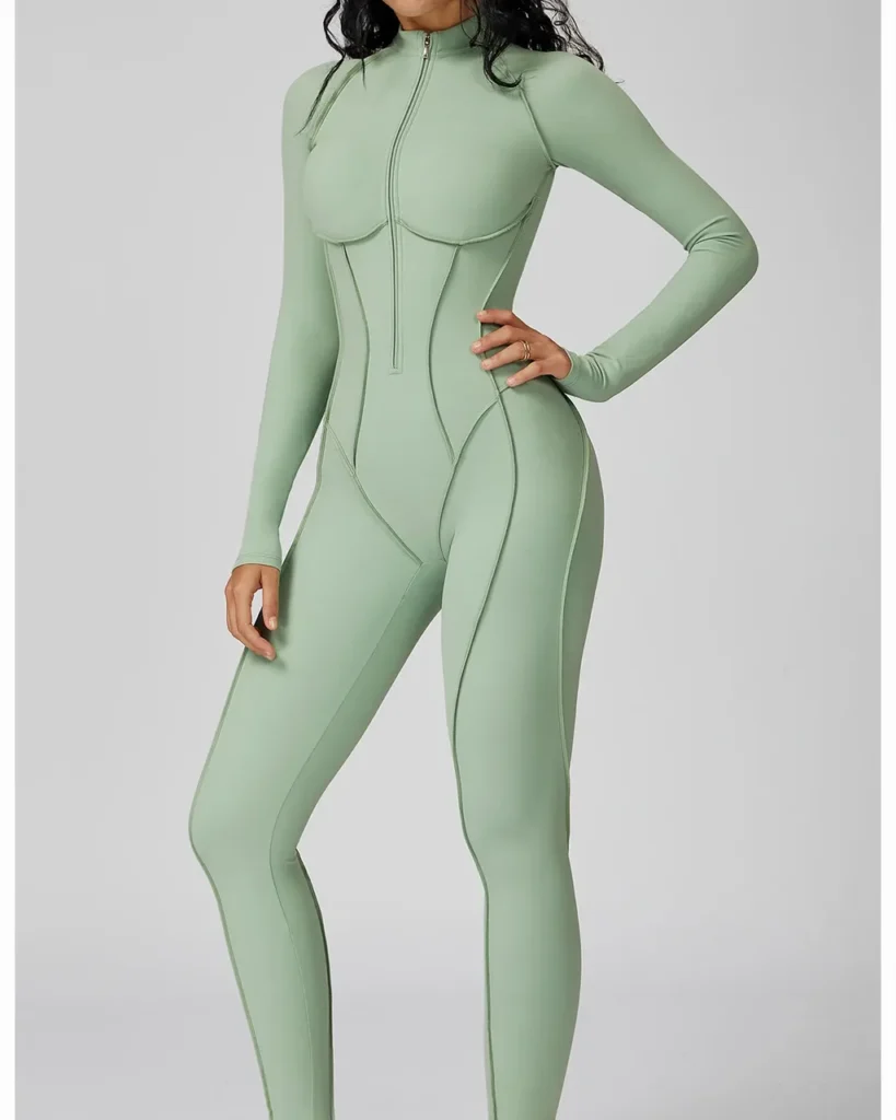 Color Block Stand Collar Half Zip Yoga Jumpsuit - Mint Green