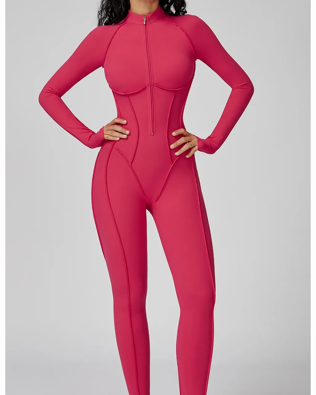 Jumpsuit Yoga Con Cuello Alto Y Cremallera Parcial - rojo