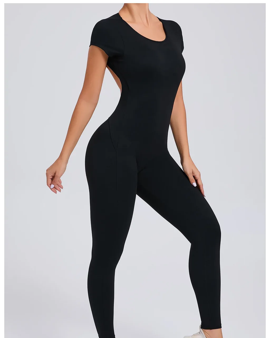 Short Sleeve Backless Quick Dry Hip Lifting Yoga Jumpsuit - black