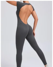 Short Sleeve Backless Quick Dry Hip Lifting Yoga Jumpsuit - Charcoal
