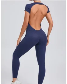 Short Sleeve Backless Quick Dry Hip Lifting Yoga Jumpsuit - navy