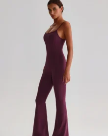 Adjustable Strap Backless Tight Yoga Jumpsuit - deep plum