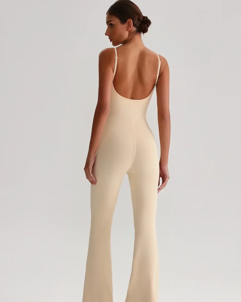 Adjustable Strap Backless Tight Yoga Jumpsuit - off white