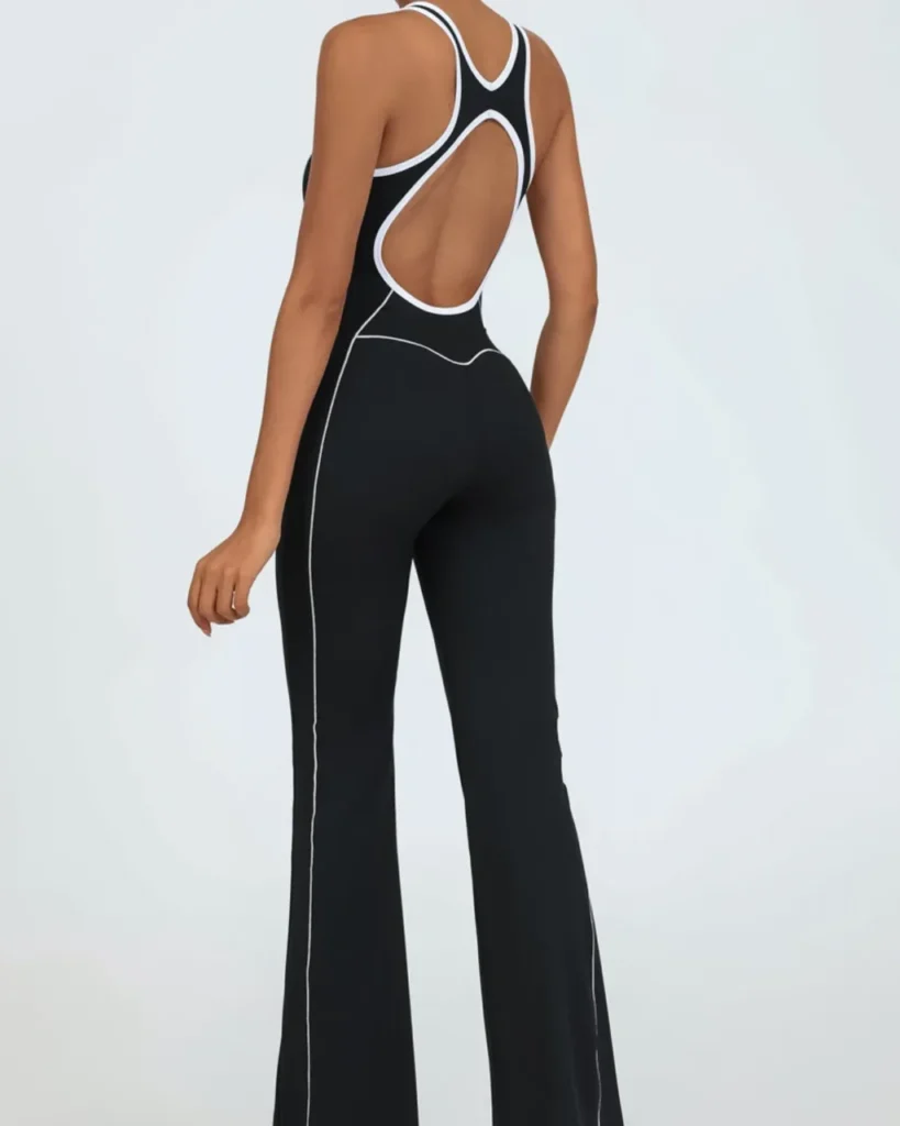 Color Block Crisscross Back Nude Flare Leg Yoga Jumpsuit - Navy