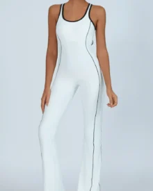 Color Block Crisscross Back Nude Flare Leg Yoga Jumpsuit - White