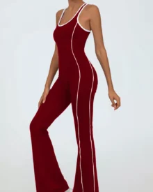 Color Block Crisscross Back Nude Flare Leg Yoga Jumpsuit - Wine
