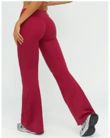 High Waist Ruched Brushed Flare Micro Wide Leg - Burgundy