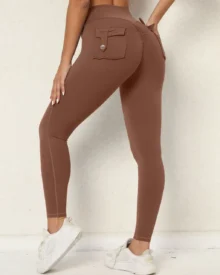 High Waist Cargo Pocket Yoga Button Elastic Peach - Brown
