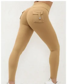 High Waist Cargo Pocket Yoga Button Elastic Peach - Camel