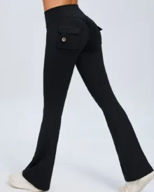 High Waist Button Peach Hip Flare Yoga Pants - black