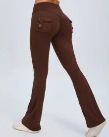 High Waist Button Peach Hip Flare Yoga Pants - Brown