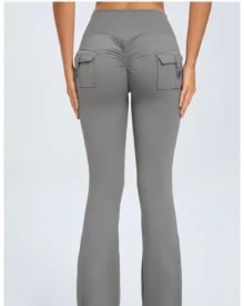 High Waist Button Peach Hip Flare Yoga Pants - Grey