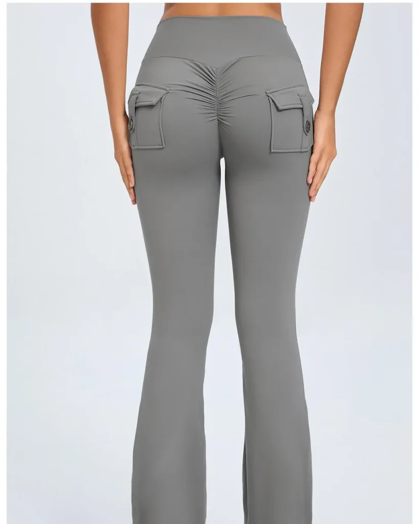 High Waist Button Peach Hip Flare Yoga Pants - Grey