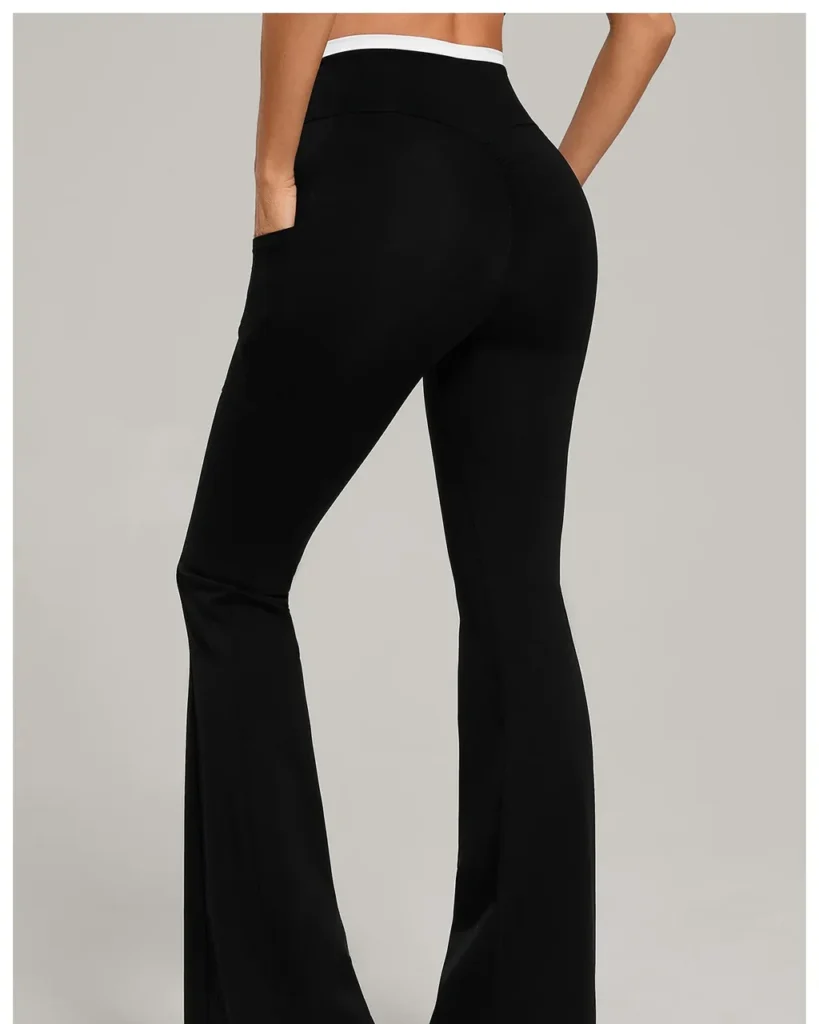 Cross Waist Pocket Color Block Flare Yoga Pants - Black