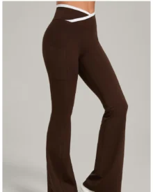 Cross Waist Pocket Color Block Flare Yoga Pants - Brown