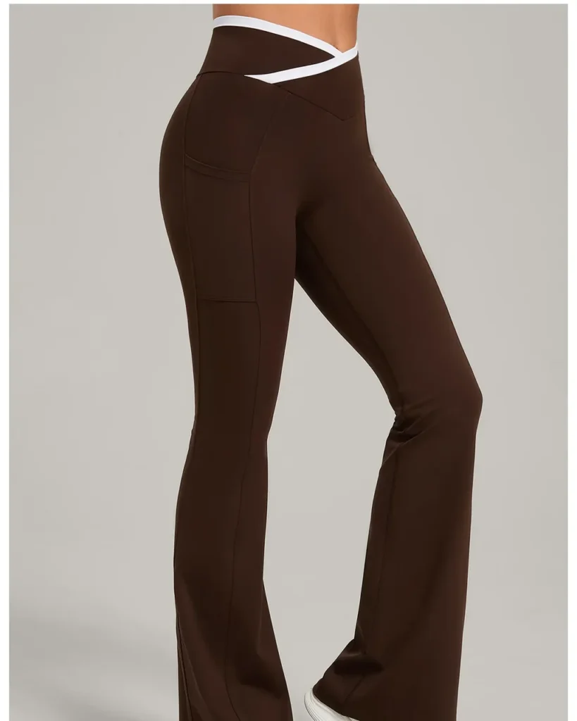 Cross Waist Pocket Color Block Flare Yoga Pants - Brown