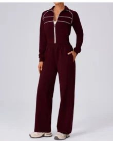 Color Block Loose Pocket Casual Sweatpants Leggings - burgundy