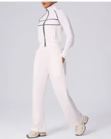 Color Block Loose Pocket Casual Sweatpants Leggings - white