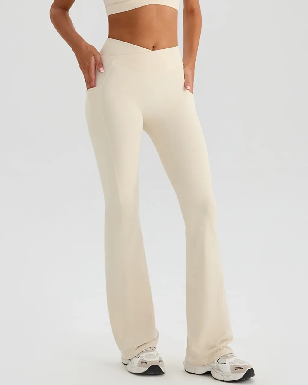 High Waist Hip Lifting Flare Wide Leg Yoga Sports Pants - Beige