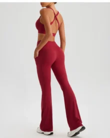 High Waist Hip Lifting Flare Wide Leg Yoga Sports Pants - Wine