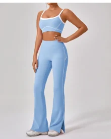 Summer Split High Waist Nude Hip Lifting Flare Yoga Pants - blue