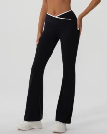 Cross High Waist Flare Yoga Pants, Color Block Slim Stretch Sports Wide Leg Pants For Women - Black